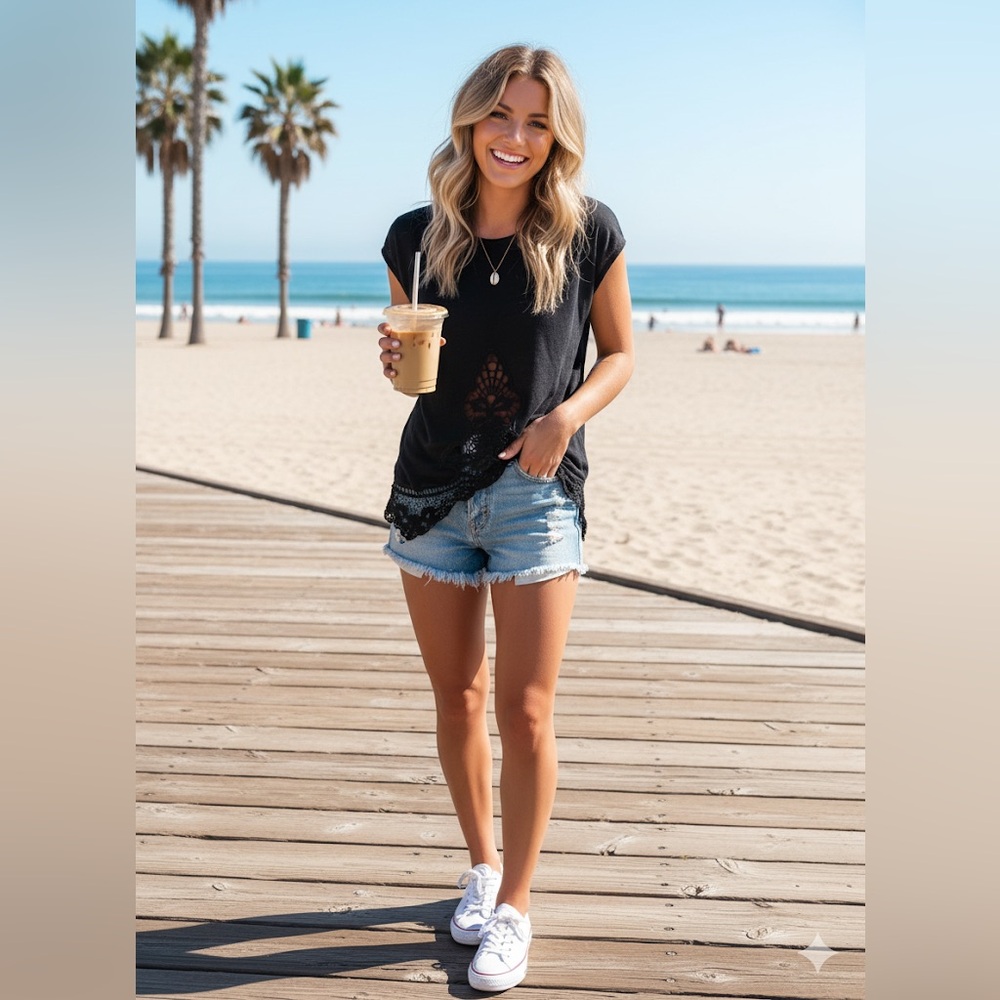 GENERATION LOVE black cap sleeve linen top with crochet details xs